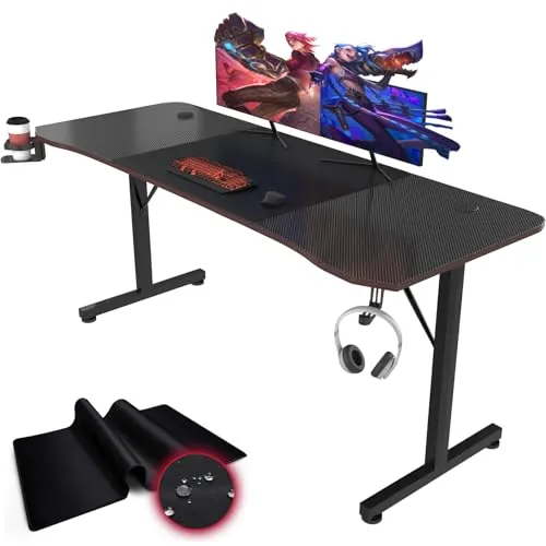 Devoko Mesa Gaming 180 x 60 cm, Escritorio Gaming con Superficie Efecto Fibra de Carbono, Escritorio de Juego Ergonómico con Alfombrilla de Ratón, Ganchos para Auriculares y Soporte para Vasos de Agua