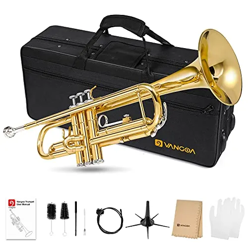 Vangoa Trompeta Sib Trompeta estándar de latón dorado para estudiantes principiantes con estuche rígido, soporte, boquilla 7C, guantes y kit de limpieza