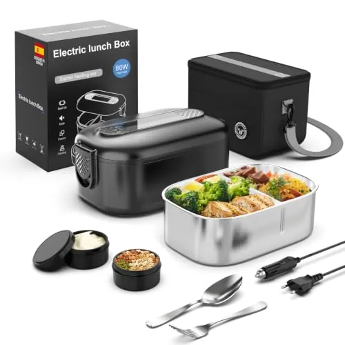 Wlikeit Fiambrera Eléctrica 1,5 L, 80 W Taper Eléctrico para Comida 3 en 1 | 12V/24V/220V Fiambreras Comida Trabajo, Acero Inoxidable, Calentador de Comida Portatil Termica para Coche, Camión, Oficina