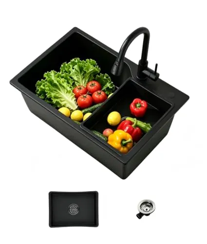 Fregadero Cocina Negro de Granito,Fregadero Cocina 1 Seno 70 x 45 cm,Con Fregadero Interior de Repuesto y Desagüe,Fregadero de Cocina Apto para Muebles Bajos desde 80 cm de Ancho