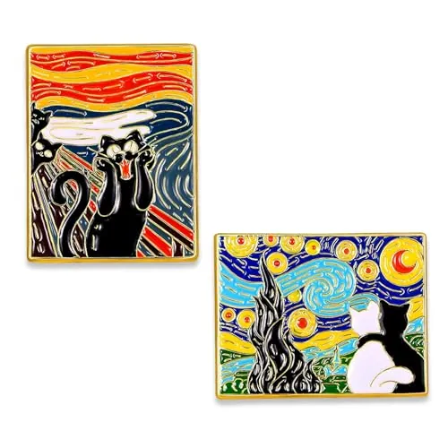 COYUN 2 Pcs Broches De Dibujos Animados, Bonita Decoración De Mochila, Pin De Insignia Creativo, Broches Esmaltados, Relleno De Bolsa De Fiesta,Insignia de pintura de Van Gogh, broche de gato peculiar