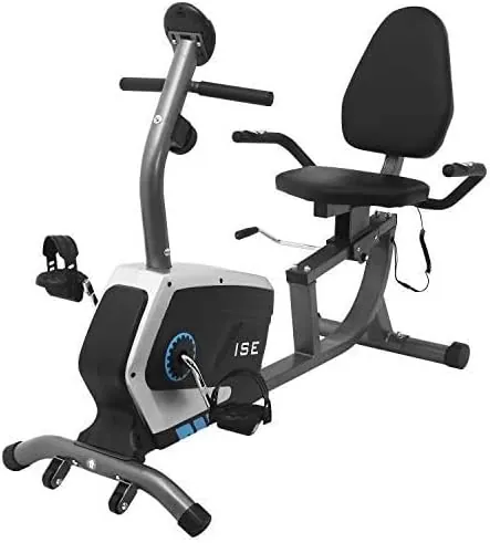 ISE Bicicleta Estática con Respaldo para casa, Bicicleta Estatica Magneticacon 8 Niveles de Resistencia,Sensor de Pulso, Bicicletas Estaticas Rehabilitacion indoor,Bici estatica profesional Máx.120 kg