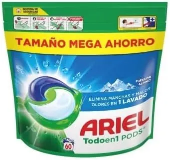 ARIEL PODS Todo en 1 Detergente Lavadora Liquido 60 Capsulas/Pastillas, Jabon Frescor Alpino, 5 Acciones para una Limpieza Brillante en Frio