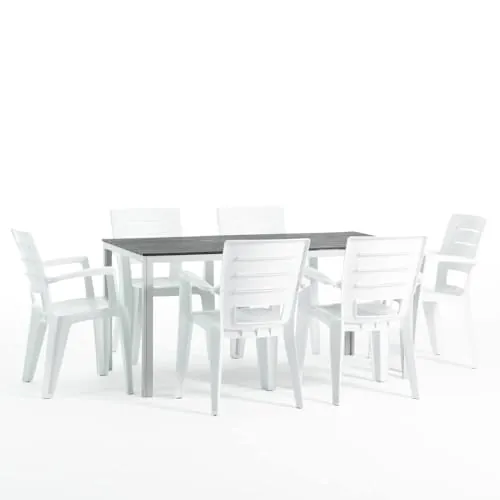Conjunto jardín exterior mesa y sillas para 6 personas, mesa rectangular de acero con listones de polietileno efecto madera, 6 sillas apilables de resina - Thomas & Anita (Blanco/Pizarra)