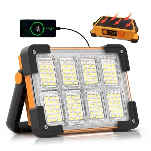 Foco LED Recargable Solar, 4 Modos Luz LED Recargable de Exterior, 6000 mAh Impermeable Luz de Trabajo Portátil para Camping, Jardín, Pesca, Garaje, Emergencia