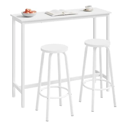 WOLTU Set Mesa de Bar y 2 Taburetes, Muebles de Bistro de Comedor para Salon, Barra Cocina con Estructura de Metal, 120x40x100cm, Blanco