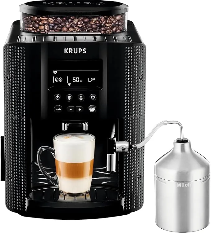 Krups Essential, Cafetera superautomática, Depósito de agua de 1,7 L, 3 niveles de temperatura, 3 texturas de molienda, 15 Bares, Pantalla LCD intuitiva, Incluye accesorio para la leche, Negra, EA8160