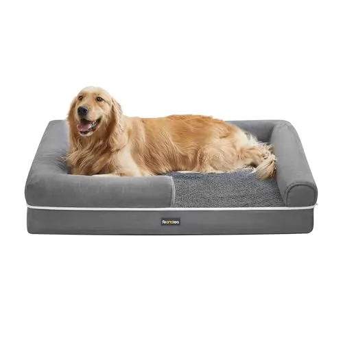 Feandrea Cama Ortopédica para Perros, Sofá, Cama para Mascotas, Acolchado Suave, Bordes Elevados, Funda Extraíble y Lavable, 106 x 71 x 18 cm, Antideslizante, Gris Claro PGW077G02