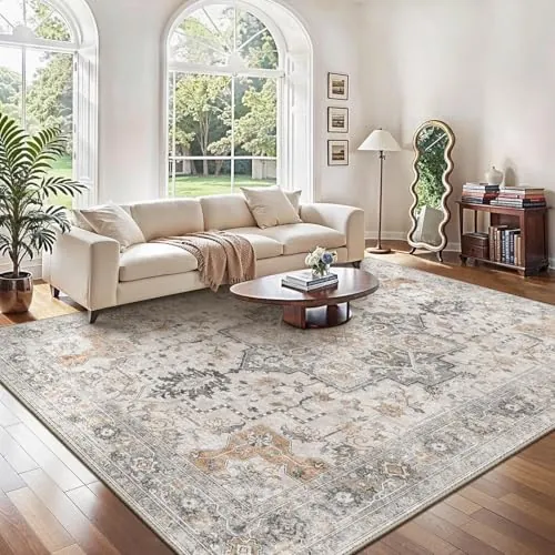 GENIMO Alfombra Salon Vintage Alfombras de Área Lavables en Máquina, Alfombras con Base Antideslizante, Alfombra de Dormitorio de Pelo Corto para Cocina, Comedor, Marrón Claro Taupe, 200X290CM