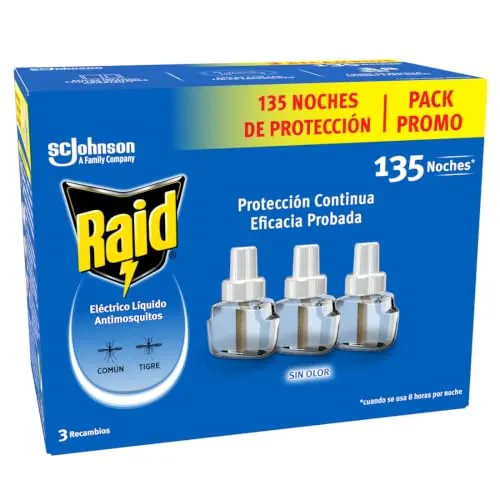 Raid Eléctrico Líquido 135 Noches - Recambios Anti Mosquitos comunes y Tigre - 3 recambios de 45 Noches 28ML