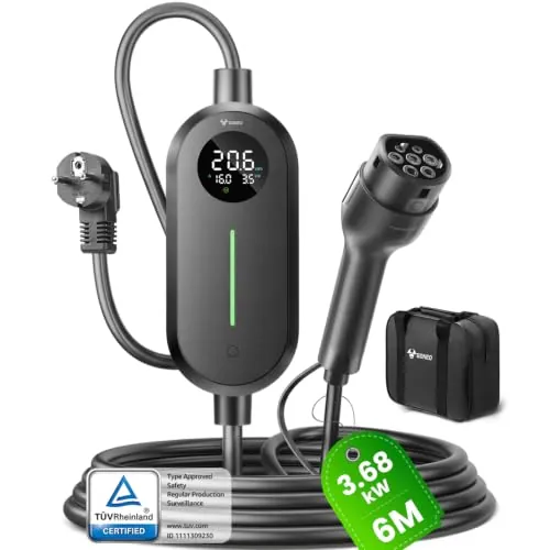 GONEO Cargador EV Tipo 2 Schuko 3,68 kW 16 A, Cable de Carga portátil de 6 m, 1 Fase 230 V, Wallbox móvil con Pantalla LCD, Temporizador e IP66, para ID.3, ID.4, Zoe, Model 3, Q3, X3 PHEV