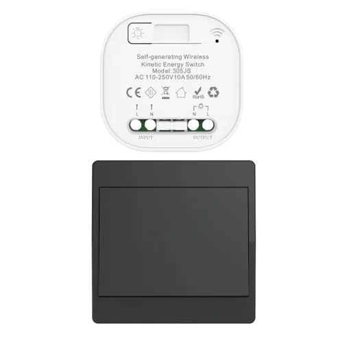 Cerhot interruptor inalámbrico cinético negro RF interruptores inalámbricos de control simple y doble sin batería mando a distancia radio interruptor inalámbrico (Negro 1Gang 1V1 EU)