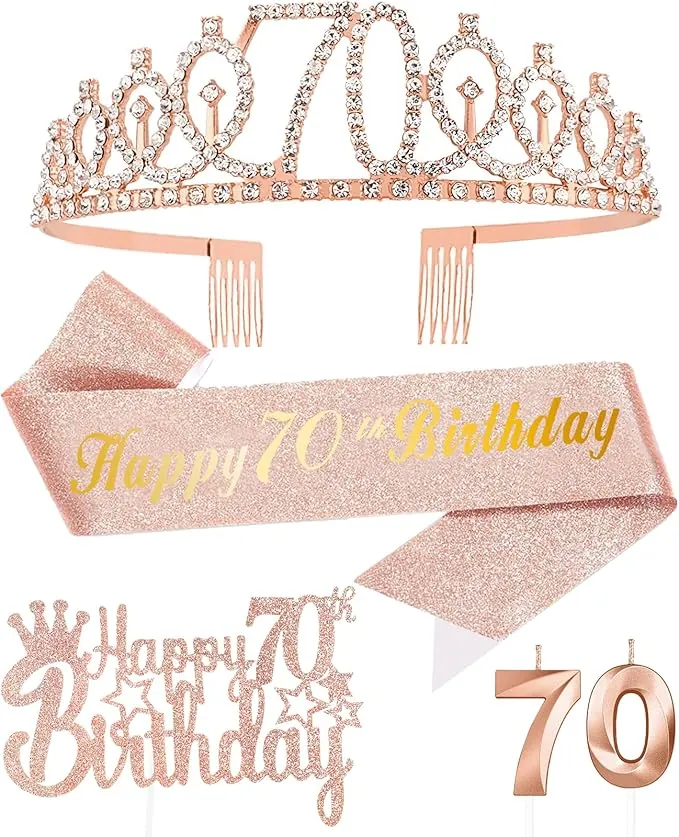 70 Años Corona Banda Cumpleaños Mujer Tiara Corona y Faja de Oro Rosa, Velas Cumpleaños Numeros 70 Cake Topper de Tarta Decoración Fiesta