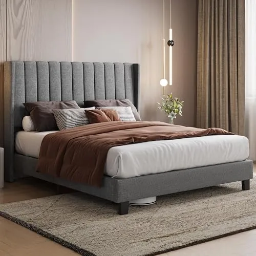 Yaheetech Cama tapizada con Cabecero Acolchado 160x200cm Color Gris Claro | Cama Matrimonio Cabecero a Rayas con Alas Láminas de Madera y Metal 360 kg de Capacidad de Peso Fácil Montaje
