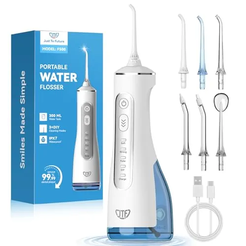 JTF Irrigador Bucal Eléctrico 300ML, 3+1 Modos Irrigador Dental, 6 Boquillas IPX7 Portatil Limpiador Dental para Ortodoncia/Encías Sensibles -Limpieza Dientes de Hogar Entusiastas Salud Ora(Blanco)