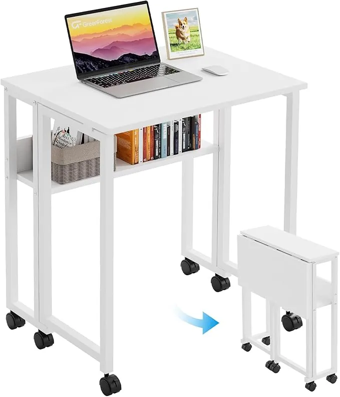 GreenForest Escritorio Plegable con Ruedas y Estante, Mesa de Ordenador Pequeña y Fácil Montaje, Ahorra Espacio en Oficina en Casa o Dormitorio, Blanco