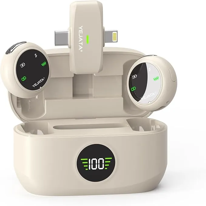 Micrófono de Solapa inalámbrico de Doble Interfaz para iPhone y Android | Alcance de 25 m, Estuche de Carga de 40 h, cancelación de Ruido DSP | Minimicrófono para Vlogs (Beige)
