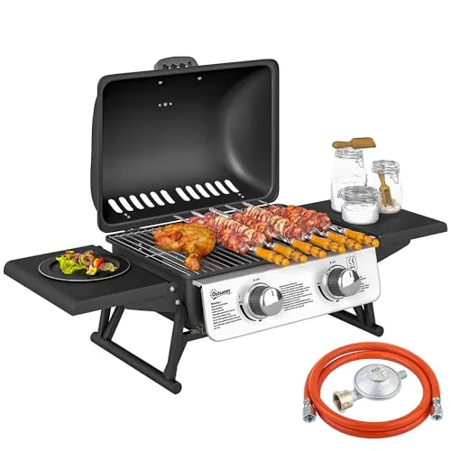 Outsunny Barbacoa de Gas con 2 Quemadores de Acero Inoxidable 5,6 KW Barbacoa Portátil con Mesas Laterales Plegables Bandeja Extraíble y Termómetro para Pícnic Camping 101x48x41 cm Negro