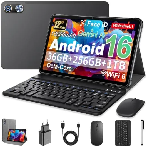 Android 16 Tablet 12 Pulgadas en Gemini AI, Tableta en Funda, Teclado, Ratón & Lápiz, Unisoc T615 Octa-Core, 36 GB RAM + 256 GB ROM + 1 TB TF, 2000x1200 Pantalla HD, Cámara Doble 5MP + 13MP, 10000 mAh