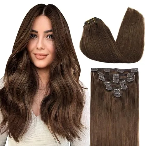 GOO GOO Extensiones Adhesivas Pelo Natural, 45cm 120g 7pcs, 4A Castaño Chocolate, Extensiones de cabello humano Natural auténtico