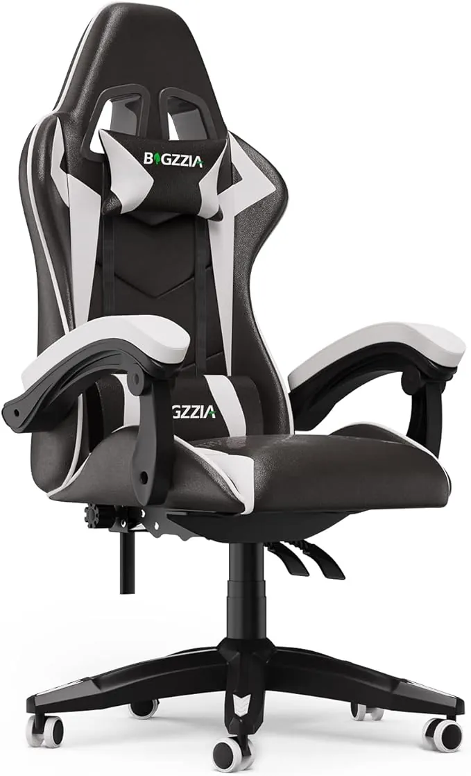 bigzzia Silla Gaming,Silla Ergonómica de Oficina en Cuero PU,Regulable en Altura con Soporte Lumbar y Reposacabezas,Respaldo Reclinable 155°,Silla Gamer Adulto Niño(Blanco Pálido)