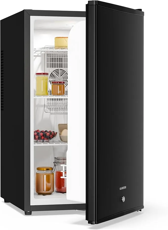 Klarstein Minifrigorífico - 68L, con puerta de cristal, para bebidas y aperitivos, pequeño y silencioso, Estantes regulables, Cerradura, Bisagra de puerta intercambiable, Pies regulables en altura