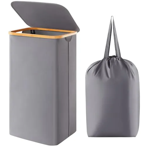 Lifewit Cesto para la Ropa Sucia de 105L con Tapa, Cesta para la Colada con Asas de Bambú y Una Bolsa Extraíble, Cesto de Ropa Plegable Grande para Dormitorio, Cuarto de Baño, Lavadero, Gris