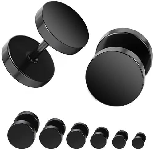 Ozmw 6 Pares Pendientes Perforantes Negros, Barbell Aretes de Perno Iercing Posterior del Tornillo, Pendientes de Acero Inoxidable Pulido para Hombres (5mm-10mm)