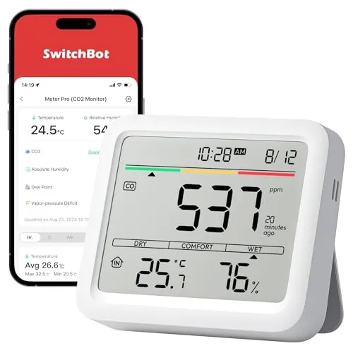 SwitchBot Monitor Calidad del Aire Interior, Estacion Meteorologica con Alarma CO2, Detectores de CO2, Termometro con App, Bluetooth, Archivo de Datos 2-Años, se Requiere SwitchBot Hub