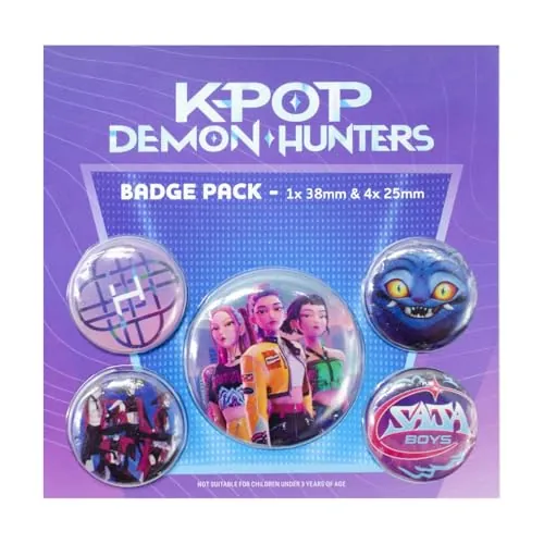 Chapas K-POP Pack 5 Insignias Huntrix | Pines con Rumi, Mira, Zoey y Derpy The Mascot Tiger | Botones 38 mm y 25 mm con Pasador de Seguridad