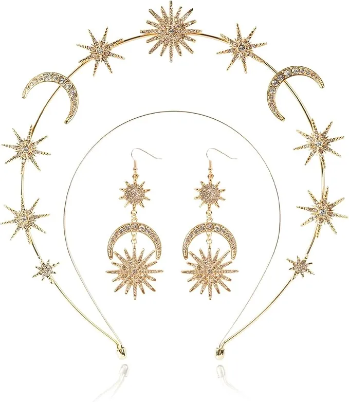 Moguri® Halo Corona, Diosa de Cristal de Estrellas Diadema con Pendientes Metal Halo Headpiece Coronas Tiaras para Mujeres Novia Boda Disfraz Cosplay Fiesta Diosa Accesorios