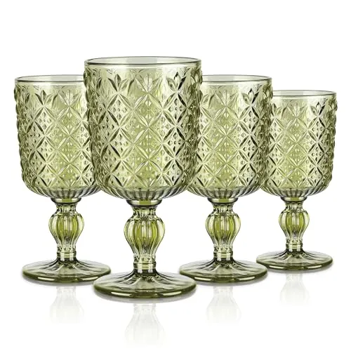 Joeyan 300ml Copas de Vino Tinto de Verde con Geométrico Relieve, Set de 4