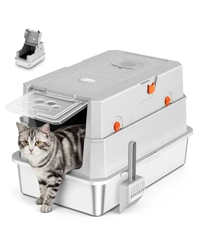 Arenero Gato Acero Inoxidable, Areneros Gatos Cubierto Grandes XXL con Pala, Caja de Arenero Cerrada para Gato, WC Gatos con Tapa Abatible, Fácil de Limpiar la Arena, Sin Olores y Fácil de Limpiar