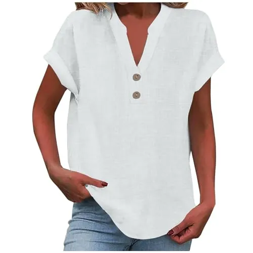 riou Camisa Mujer Verano Algodón y Lino con Botones Moda Color sólido Blusa Cuello en V Camiseta Elegante Basic Tops Fiesta Suelto T-Shirt Casual Oficina Original Cómodo tee