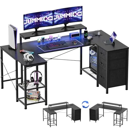 JUMMICO Escritorio de Gaming en Forma L Esquinero, 170x90cm con Iluminación LED, Soporte de Monitor Ajustable en Altura, 3 Cajones, 2 Enchufes y 2 Puertos USB, Escritorio en Acero y Madera, Negro