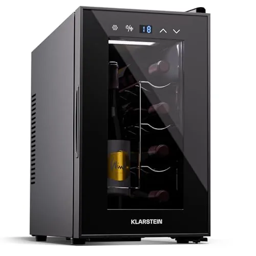 KLARSTEIN Nevera para vino, Nevera para bebidas de 1 zona con puerta de cristal, Nevera silenciosa para interior/exterior, Nevera pequeña para botellas de 21 L,Enfriador de vino para 8 botellas