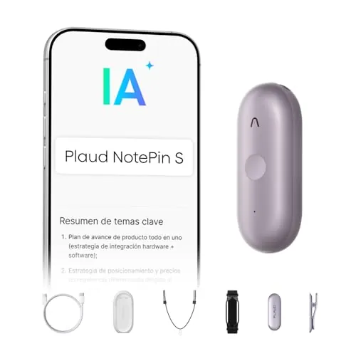 Plaud NotePin S Grabadora de Voz IA con botón de grabación táctil Transcripción IA Resúmenes Tomar Notas Transcripción Resumen IA para Reuniones Llamadas Entrevistas Charlas Clases con 4 Accesorios