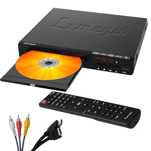 Lemega PlayHD - Reproductor de DVD multirregión sin restricciones con salida HDMI y mejora de resolución a 1080p, reproducción de USB/CD, puertos RCA/AUX, diseño compacto para TV y Smart TV, cable