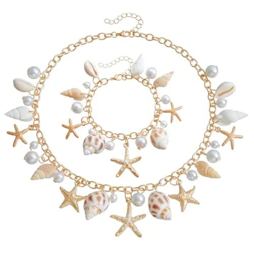 XYTAHDM Juego de joyas de disfraz de sirena para mujer, accesorios de disfraz de sirena, estrella de mar, caracola, concha, collar, pulsera, perlas, estrella de mar, aretes de clip para el pel(B)