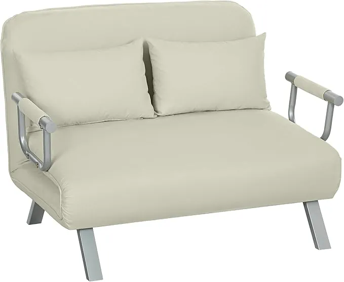 HOMCOM Sofá Cama de 2 Plazas 3 en 1 Sofá Cama Plegable Tapizado en Ante Sintético con Respaldo Ajustable de 5 Niveles y 2 Almohadas Acolchadas para Oficina Dormitorio Salón 111x80x78 cm Crema