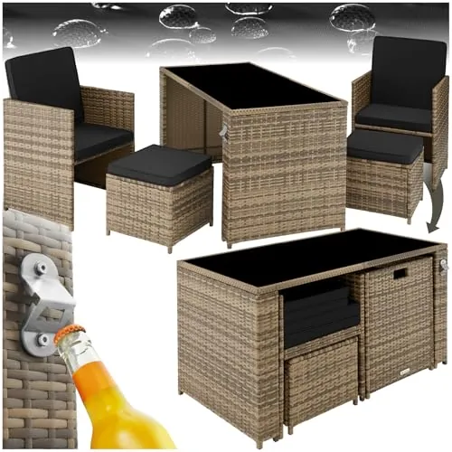 tectake® Conjunto Jardín Exterior de Ratán y Acero, Muebles Jardín Exterior Resistente a la Intemperie, 2 Sillones Plegables, 2 Taburetes, 1 Mesa con Cristal, con Cojines y Abrebotellas - marrón