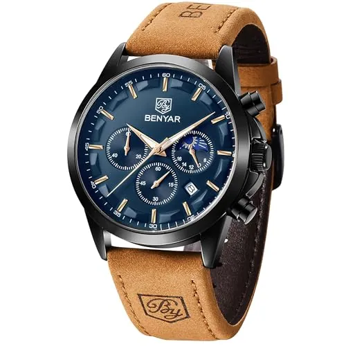 Benyar - Reloj para hombre, resistente al agua, cronógrafo luminoso, clásico, relojes de pulsera de piel, gran esfera fecha, analógica y antiarañazos, regalo elegante (negro y negro), Marrón / /, men,