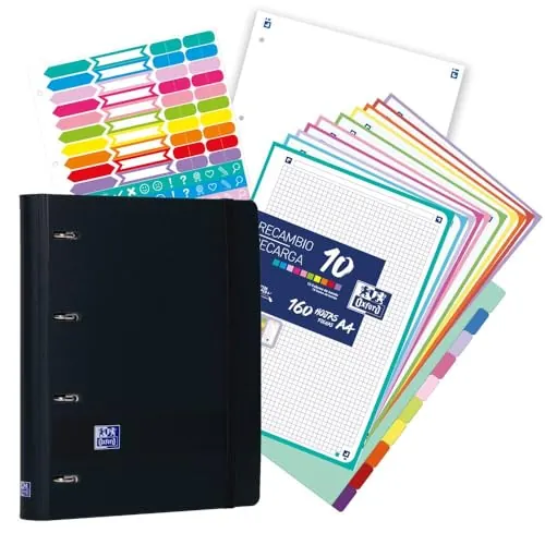 Oxford, Europeanbinder Polyfoam, Archivador de 4 anillas A4+, Live&Go, Incluye Recambio Cuadrícula 5X5, 160 hojas, Pizarra Write&Erase, Separadores y Pegatinas, Color Negro