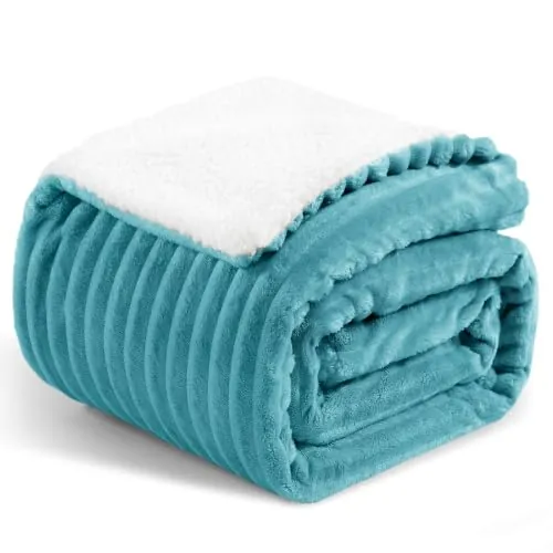 Aisbo Manta Cama Invierno para Cama 90/135, Sherpa Franela Reversible Polar con Cordón para Sofá, Borreguito Gruesa, Suave, Caliente, Sillón, Transpirable para Invierno (Azul Verde, 150 x 200 cm)