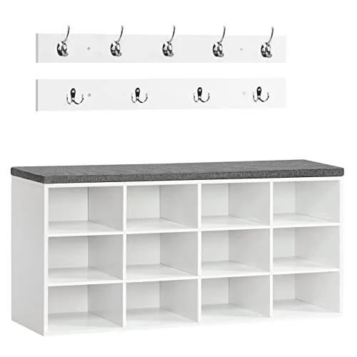 HOOBRO Banco Zapatero con Asiento, Perchero para Vestíbulo, 9 Ganchos, Banco de Almacenaje 12 Compartimentos, Organizador de Entrada, Adecuado para Pasillos, Entradas, Dormitorios Blanco EWT112HX01