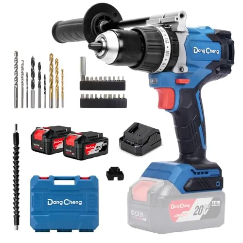 Dong Cheng Taladro Percutor a Bateria 120 Nm 20V, 2x4,0Ah, motor brushless | Para atornillar, taladrar y percutir, 24 niveles de par, portabrocas 13 mm, 2 velocidades, ideal para montaje exterior