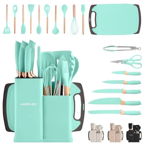 JUPPLIES Juego de Utensilios de Cocina de Silicona 19 Piezas con Cuchillos, Tijeras y Tabla de Cortar – Set Antiadherente Resistente al Calor – Apto para Todas Las Ollas y Sartenes - Verde