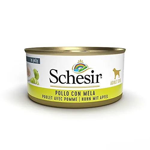 Schesir, Alimento Húmedo para Perros Adultos Sabor Filetes De Pollo con Manzana Preparado En Gelatina con Verdaderos Trozos De Fruta - Total 2,7 Kg (18 Latas De 150 G)