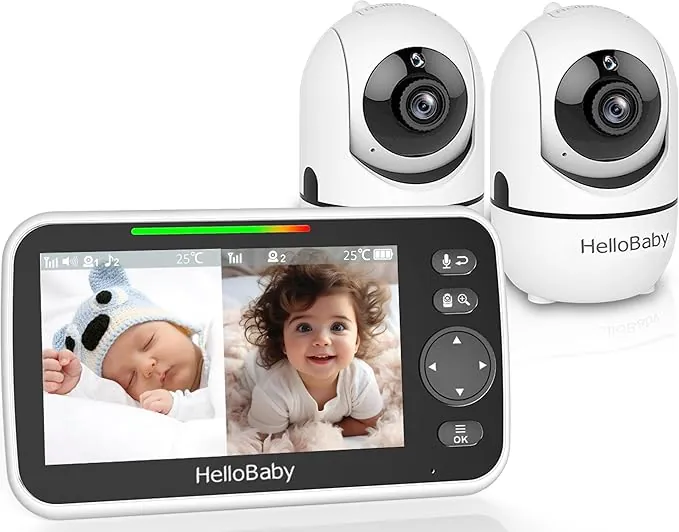 HelloBaby Cámaras de bebé con 2 cámaras, monitor de bebé, pantalla de 5'', batería de 3500mAh, pantalla dividida compartida, teléfono para bebé con video, vigilancia de bebé, sin WiFi, ángulos de