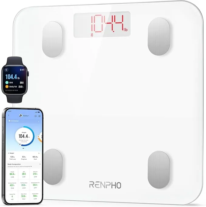 RENPHO Bascula Grasa Corporal y Muscular, Digital Bascula de Baño con App, Bluetooth Balanza Inteligente Peso Baño, 13 Mediciónes de Peso IMC Visceral e Muscular, Fitness, Blanco, Elis 1